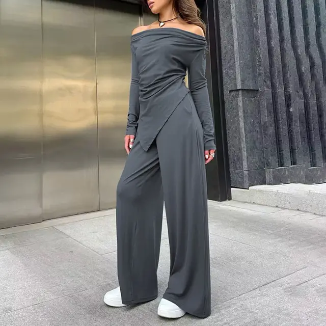 New Design Sense High Waist Off neck Irregular Slim fit Top Suit Gray - Shop at LoveMi