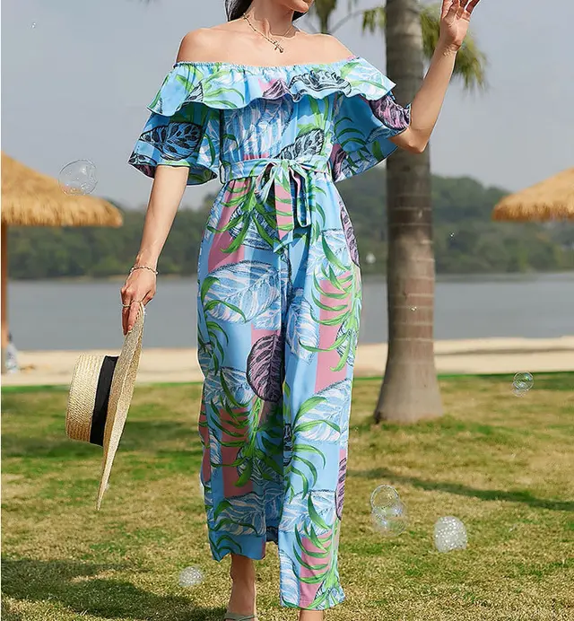 Fashion Printing Casual Lace Up Jumpsuit Blue - Shop at LoveMi