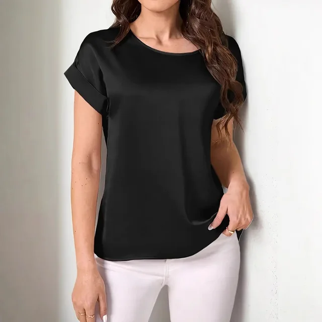 Round Neck Solid Color Smooth Surface Short Sleeve Loose Black - Shop at LoveMi