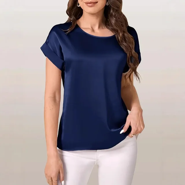 Round Neck Solid Color Smooth Surface Short Sleeve Loose Navy Blue - Shop at LoveMi