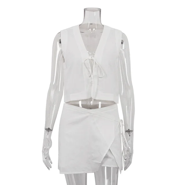 Sleeveless Vest Cross Lace up Skirt Suit White - Shop at LoveMi