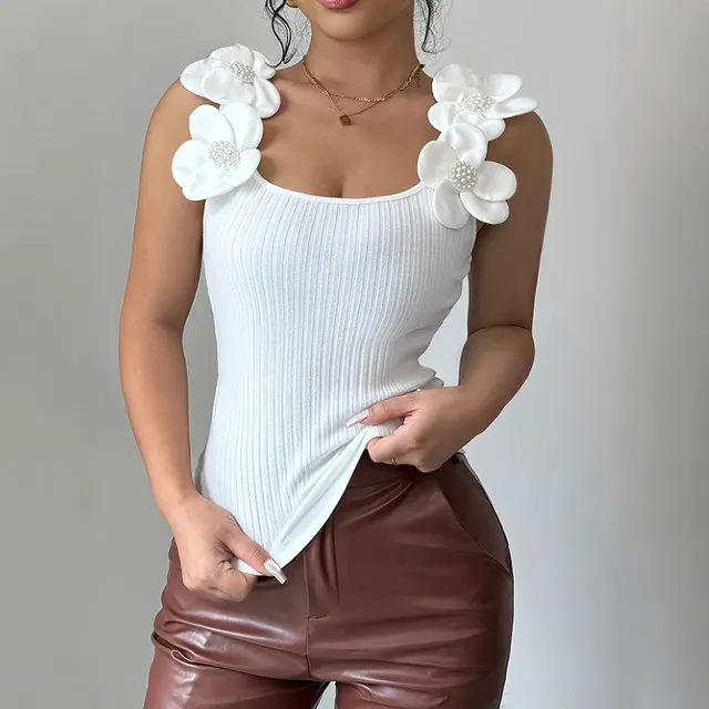 Three dimensional Flower Elegant Spring And Summer Knitted Vest White - Shop at LoveMi