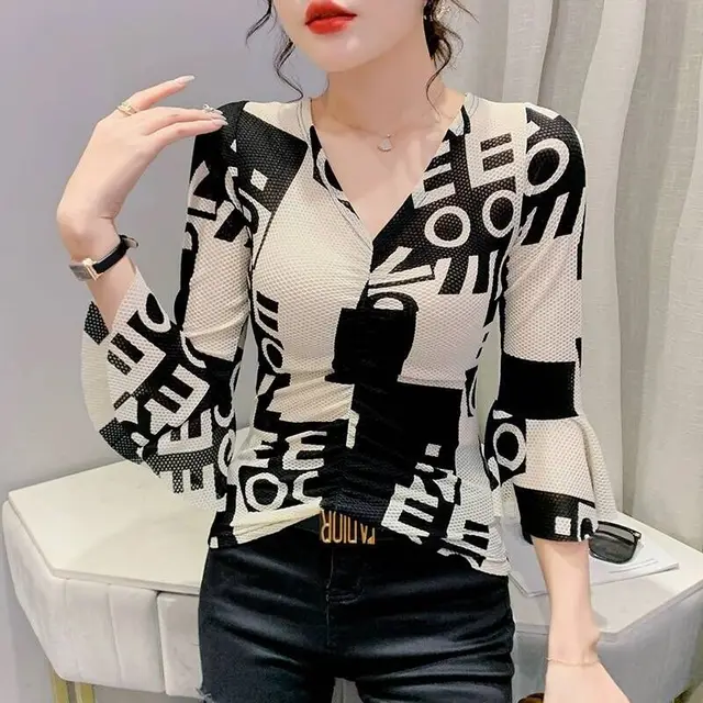 Korean Style Fashionable Printed Ruffle Sleeve Wrinkle closing Slim Fit Small Shirt Top Letters - Shop at LoveMi