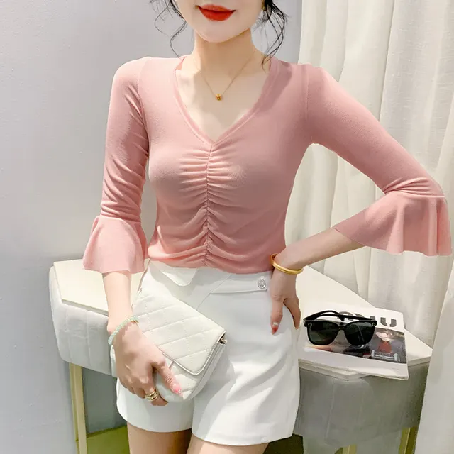 Korean Style Fashionable Printed Ruffle Sleeve Wrinkle closing Slim Fit Small Shirt Top Pink - Shop at LoveMi