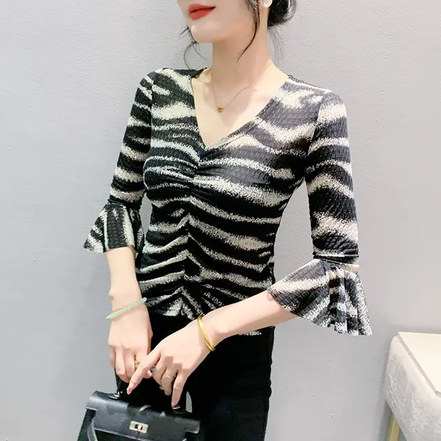 Korean Style Fashionable Printed Ruffle Sleeve Wrinkle closing Slim Fit Small Shirt Top Stripes - Shop at LoveMi