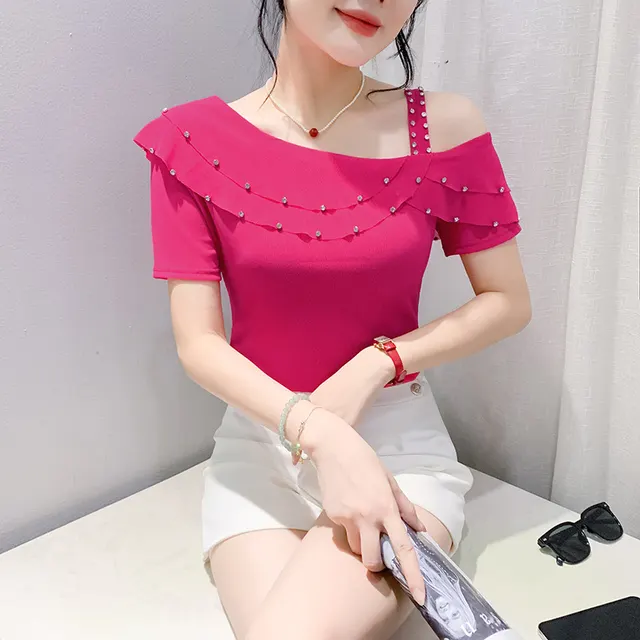 Ruffled Short Sleeves Off the shoulder Filamentation Top Rose Red - Shop at LoveMi