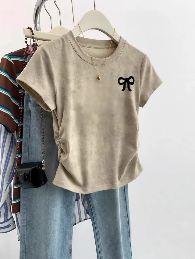 European Cargo Shoulder Tie dyed Short sleeved T shirt For Women Khaki 19 Bow - Shop at LoveMi