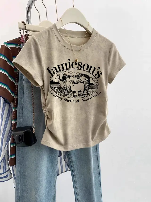 European Cargo Shoulder Tie dyed Short sleeved T shirt For Women Khaki Jimy - Shop at LoveMi