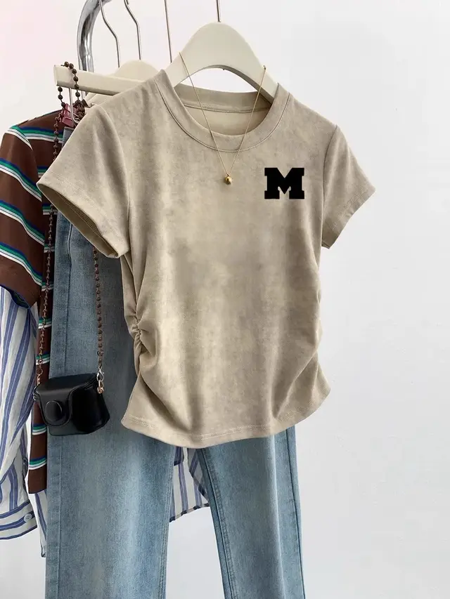 European Cargo Shoulder Tie dyed Short sleeved T shirt For Women Khaki M Letters - Shop at LoveMi