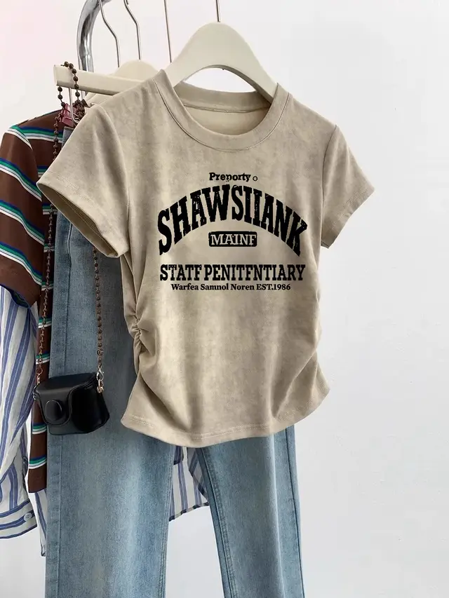 European Cargo Shoulder Tie dyed Short sleeved T shirt For Women Khaki Sha Letters - Shop at LoveMi