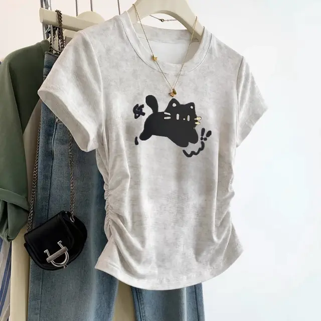 European Cargo Shoulder Tie dyed Short sleeved T shirt For Women White 04 Cat - Shop at LoveMi