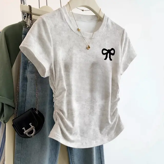 European Cargo Shoulder Tie dyed Short sleeved T shirt For Women White 19 Bow - Shop at LoveMi