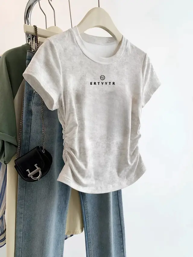 European Cargo Shoulder Tie dyed Short sleeved T shirt For Women White Ert Letter - Shop at LoveMi