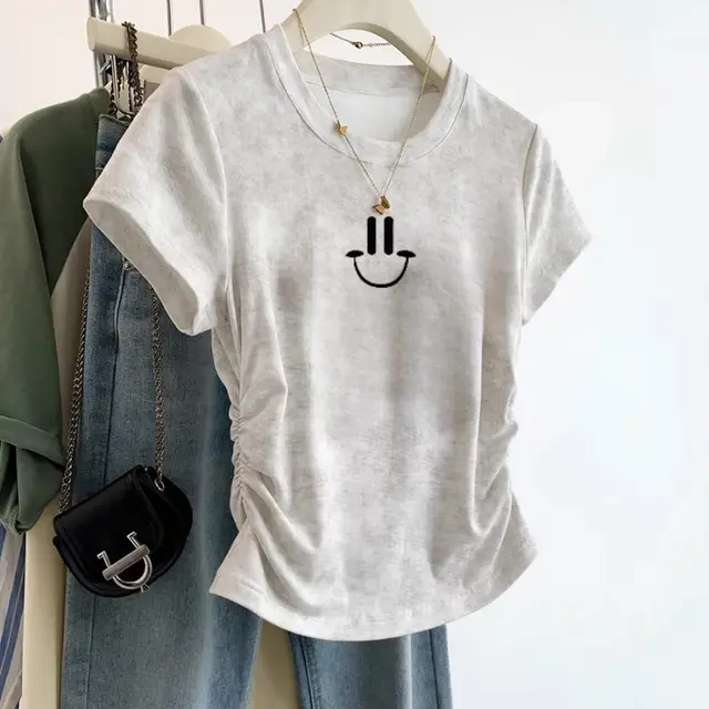 European Cargo Shoulder Tie-dyed Short-sleeved T-shirt For Women - White Smiling Face