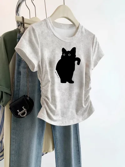 European Cargo Shoulder Tie dyed Short sleeved T shirt For Women White Standing Cat - Shop at LoveMi