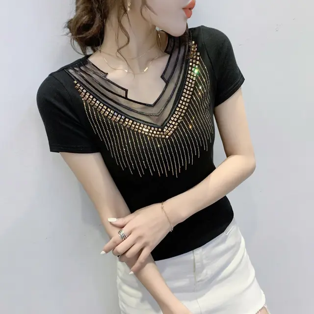 Mesh V neck Patchwork T shirt Women's Short Sleeve Black - Shop at LoveMi