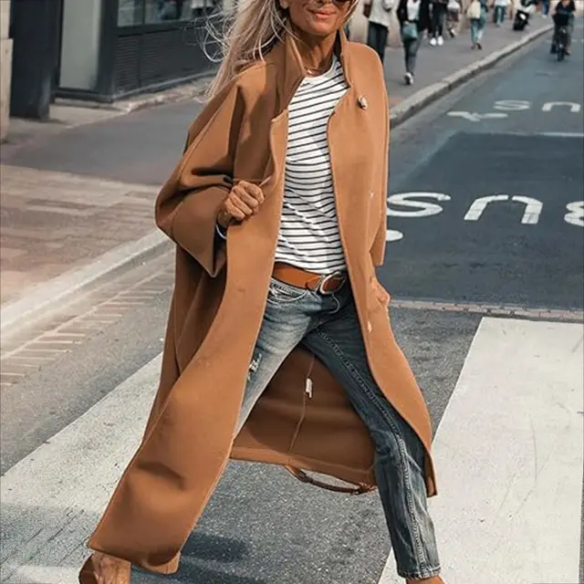 Women's Woolen Coat Ultra long Loose Double Pockets Coffee - Shop at LoveMi