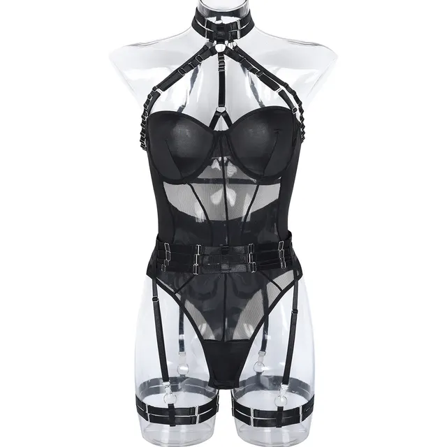 Jumpsuit Mesh Strap Stitching Heavy Craft Neck Sling Leg Ring Black - Shop at LoveMi