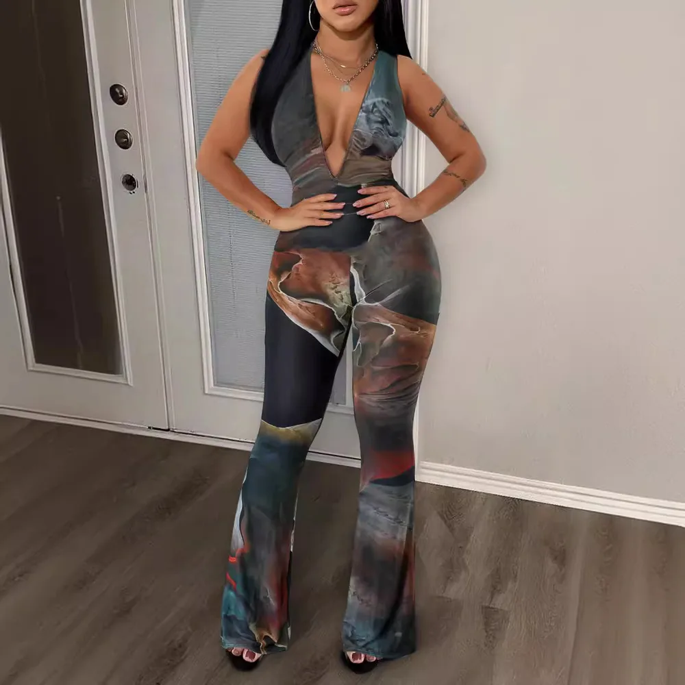 Oil Painting Style Women's Sexy Backless Halter V neck Hip lifting Jumpsuit - Shop at LoveMi