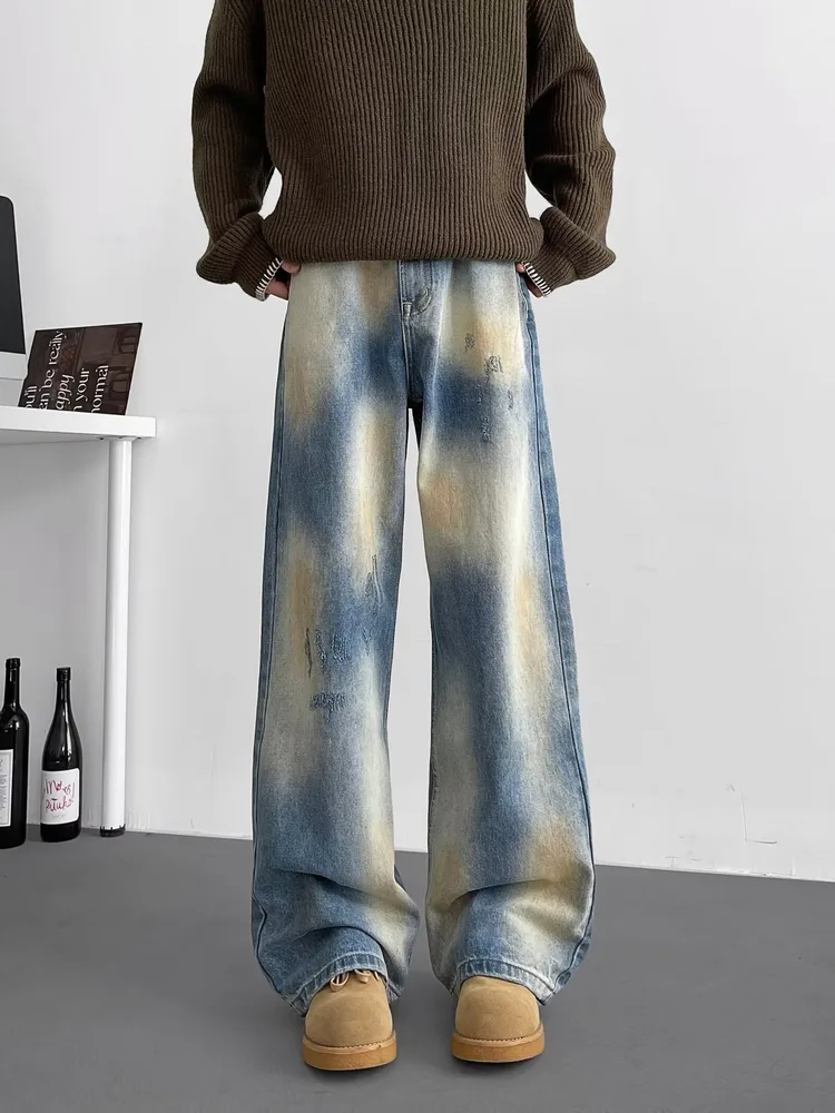 European And American Style Retro Washed Distressed Wide Leg Jeans Blue Xk8099 - Shop at LoveMi