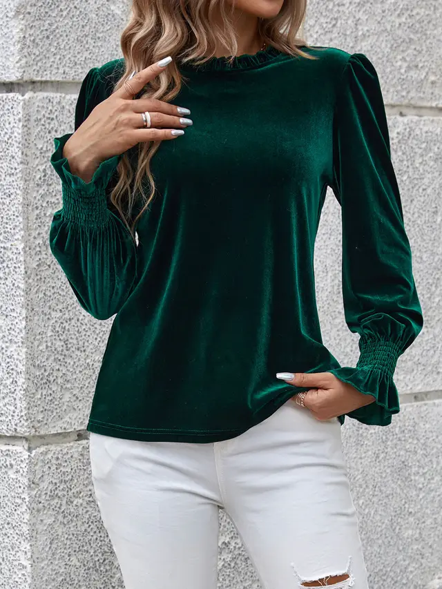 Velvet Pleuche Long Sleeve Smocking Cuff Top Dark Green - Shop at LoveMi