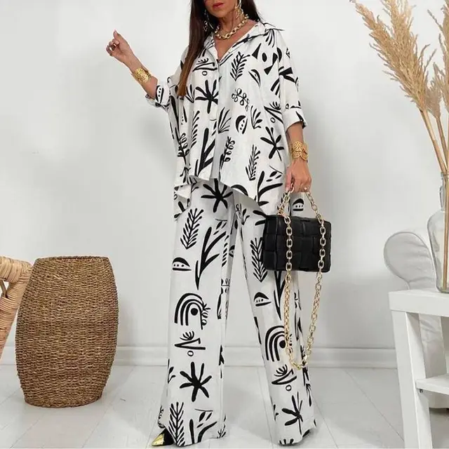 Plus Size Casual New Straight Pants Shirt Two piece Set Black - Shop at LoveMi