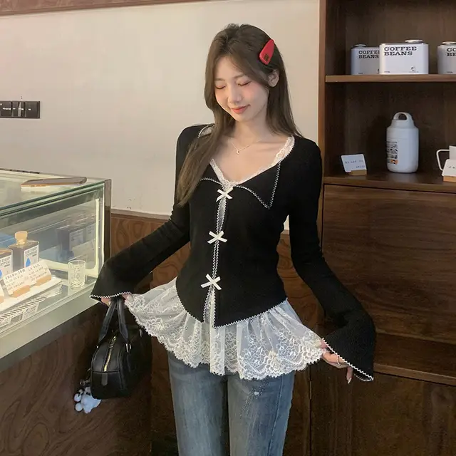 Bandage Dress Lace Inner Match Vest Bottoming Shirt Top Black Top - Shop at LoveMi