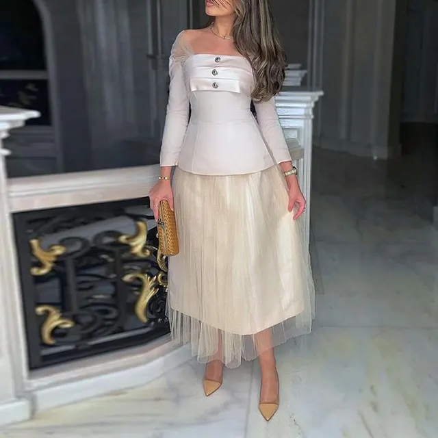 Niche Temperament Diagonal Shoulder Waist controlled Top Lace Mesh Skirt Suit Beige - Shop at LoveMi