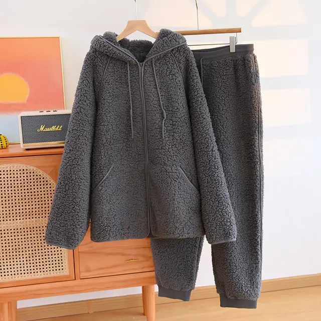 Two piece Flannel Cute Hooded Thickened Loungewear Autumn And Winter Women'S Dark Gray - Shop at LoveMi