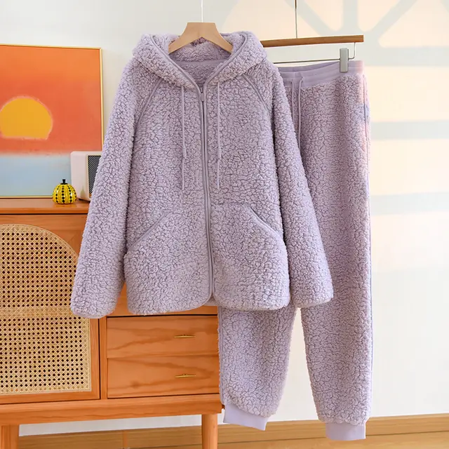 Two piece Flannel Cute Hooded Thickened Loungewear Autumn And Winter Women'S Purple - Shop at LoveMi