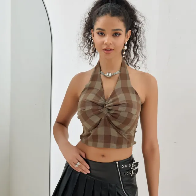 American Halter Plaid Twisted Vest Coffee Color Plaid Vest - Shop at LoveMi