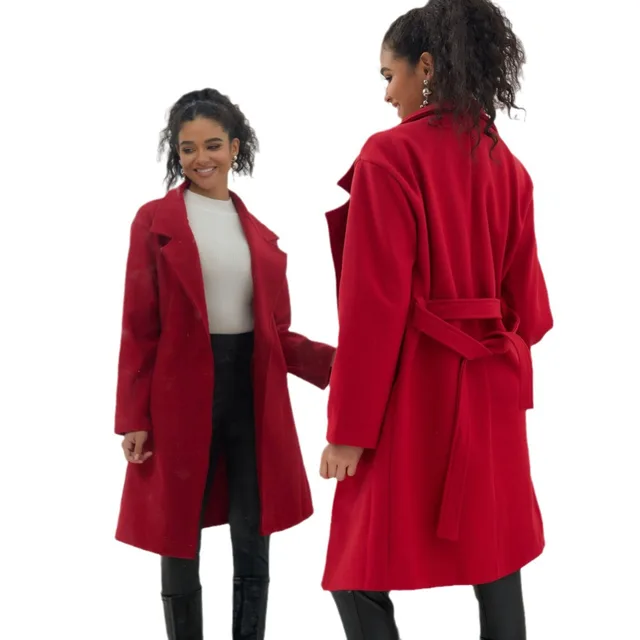 Woolen Long Tie Slim Coat Solid Color Simple Red - Shop at LoveMi
