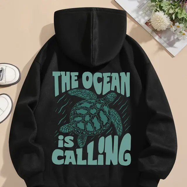 Turtle Print Hoodie Drawstring Sweatshirt Suitable For Women In Winter And Autumn Black - Shop at LoveMi