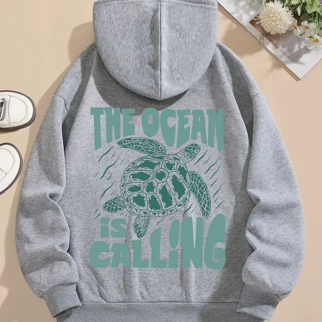 Turtle Print Hoodie Drawstring Sweatshirt Suitable For Women In Winter And Autumn Gray - Shop at LoveMi