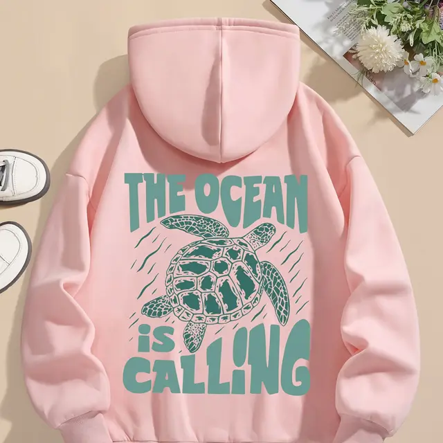 Turtle Print Hoodie Drawstring Sweatshirt Suitable For Women In Winter And Autumn Pink - Shop at LoveMi