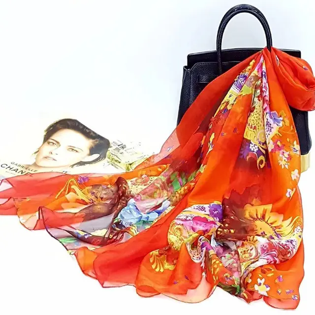 Polyester Women's Summer Silk Scarf Oversized Sunscreen Lightweight Beach Towel Waist Drum Flower Orange - Shop at LoveMi