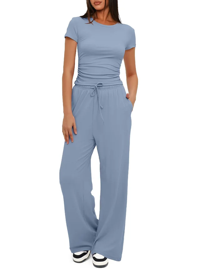 Women's Solid Color Pleated Short Sleeved Top And Wide Leg Pants Blue - Shop at LoveMi