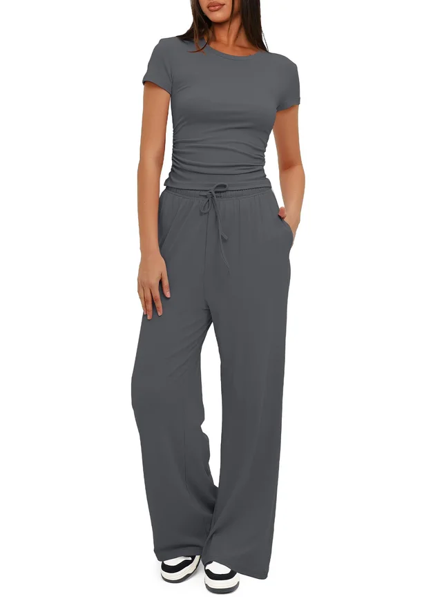 Women's Solid Color Pleated Short Sleeved Top And Wide Leg Pants Grey - Shop at LoveMi