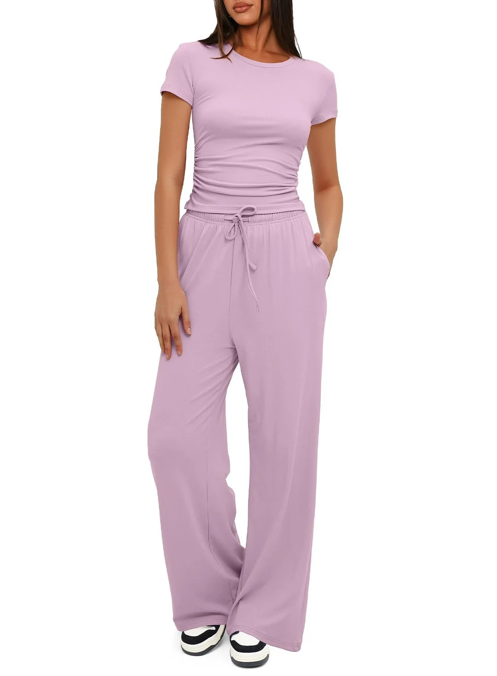 Women's Solid Color Pleated Short Sleeved Top And Wide Leg Pants - Pink