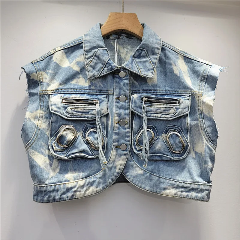 Retro Washed Distressed Workwear Short Sleeveless Denim Vest Coat For Women - Blue - View 1