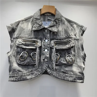 Retro Washed Distressed Workwear Short Sleeveless Denim Vest Coat For Women Gray - Shop at LoveMi
