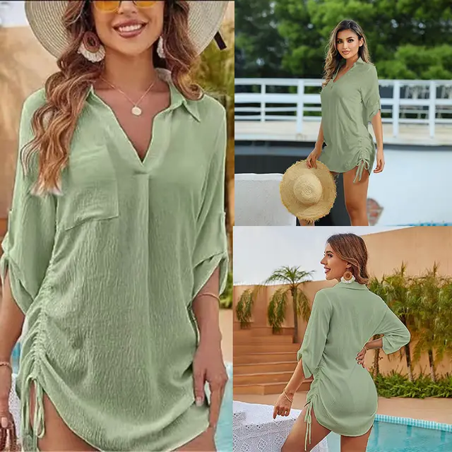 European And American Drawstring Blouse Collar Beach Jacket Head Bikini Zs2439 Light Green - Shop at LoveMi