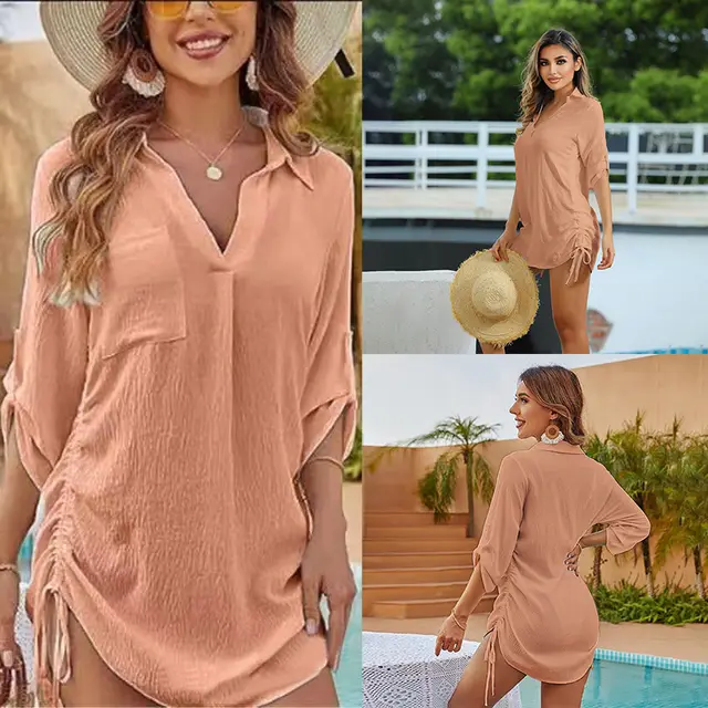European And American Drawstring Blouse Collar Beach Jacket Head Bikini Zs2439 Orange - Shop at LoveMi