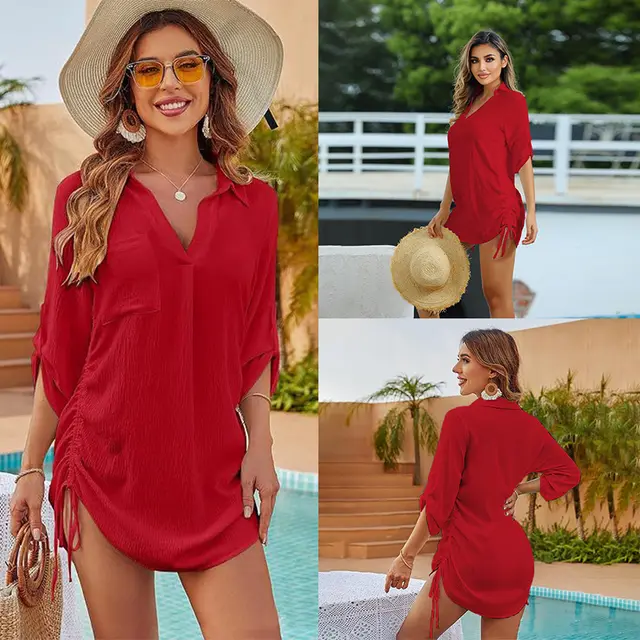 European And American Drawstring Blouse Collar Beach Jacket Head Bikini Zs2439 Red - Shop at LoveMi