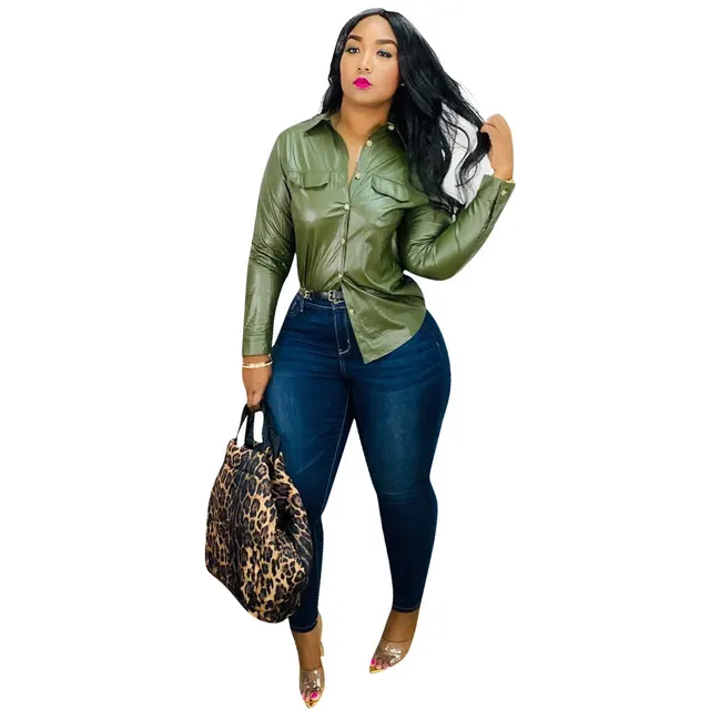 Pu Long Sleeve Shirt Top Female Green - Shop at LoveMi