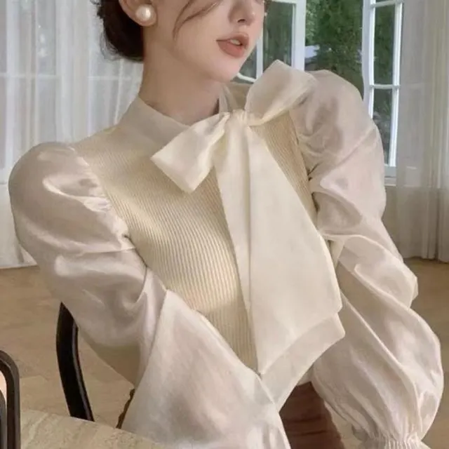 Stand Collar Tie up Slim fit Temperament Wild Stitching Shirt White - Shop at LoveMi