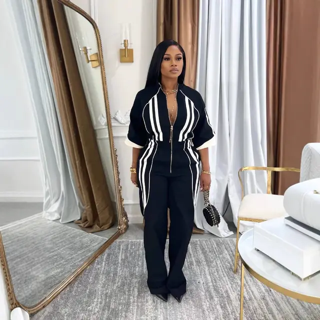 Stand Collar 7 point Sleeve Drop shoulder Waist Long Zipper One piece Trousers Black - Shop at LoveMi