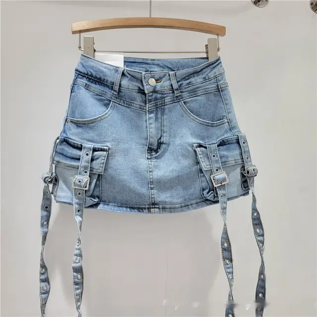 Spring And Summer Denim Hip wrapped Short Skirt Light Blue - Shop at LoveMi