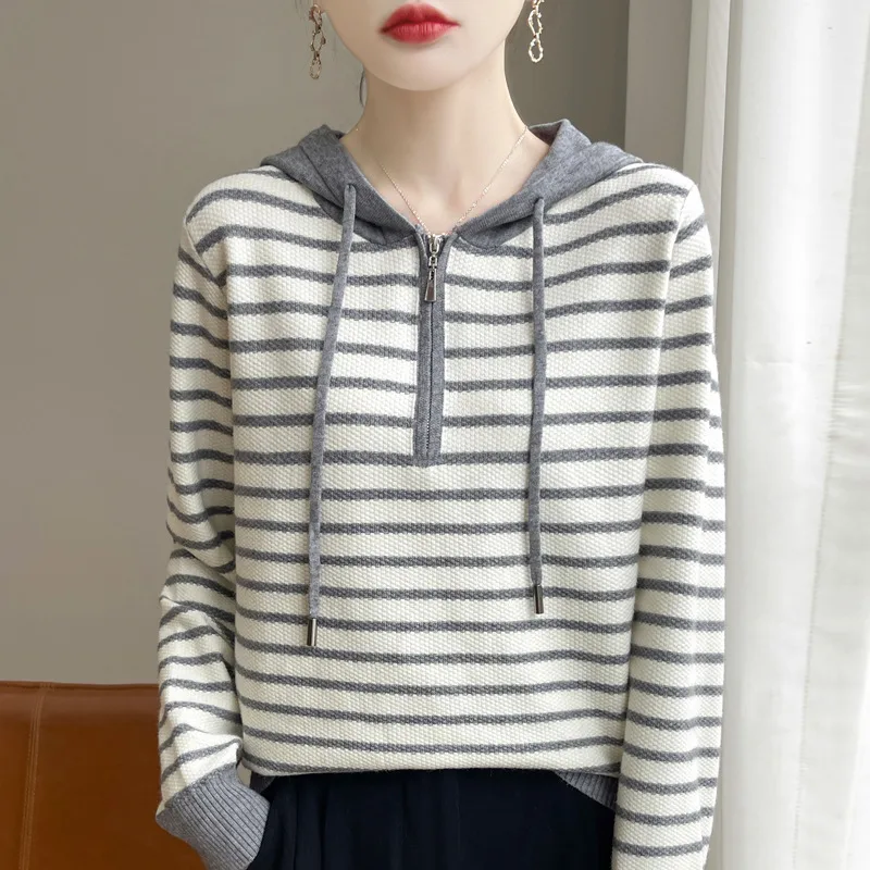 Women's Striped Hooded Long sleeved Knitted Sweater Gray - Shop at LoveMi