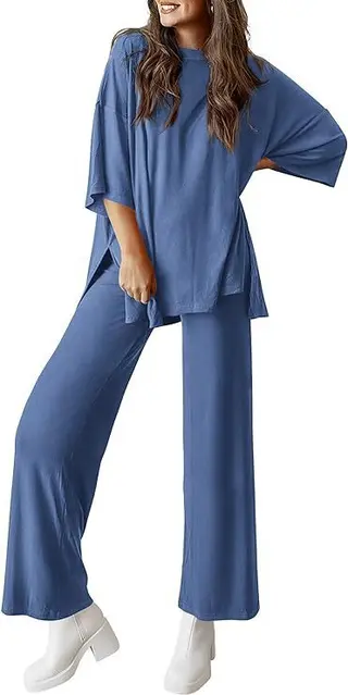 Casual Short-sleeved Pullover Top Wide-leg Pants Casual Suit - Blue